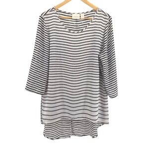 Chicos Sz 2 Black White Striped Tunic Top Sheer Hem Hi Lo Lagenlook Career Sz L‎